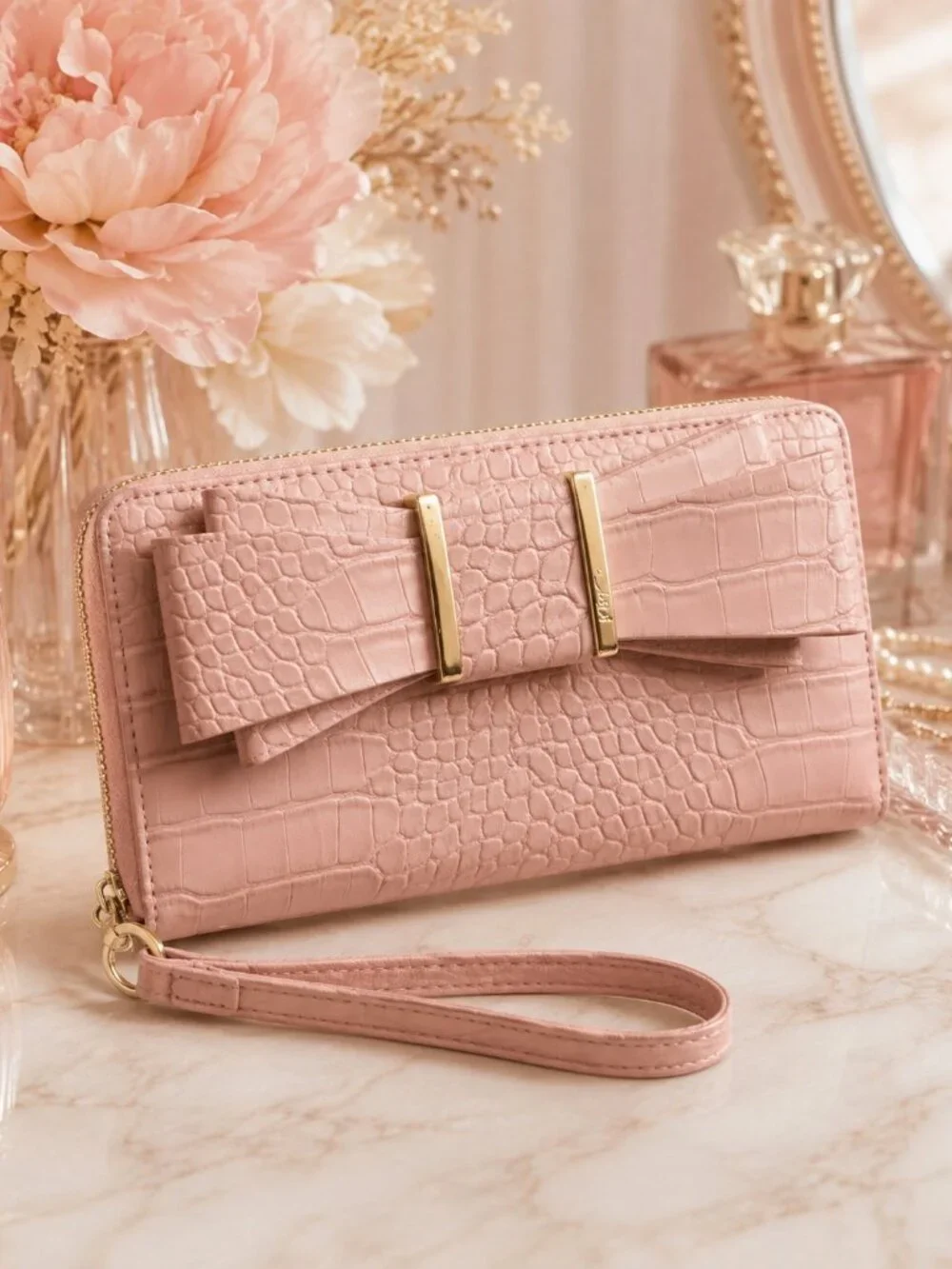 Betsey Johnson Pale Pink Croc Embossed Bow Wallet Wristlet NWT